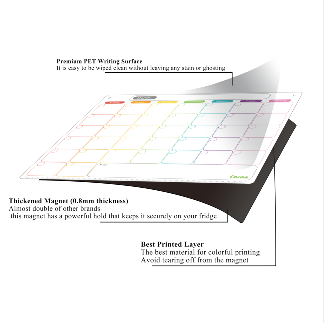 Dry Erase Magnetic Monthly Calendar Kit-Foson Extra Thick Magnetic Monthly Calendar for Refrigerator Include Five Fine Markers&Eraser&Holes for Hanging on The Wall