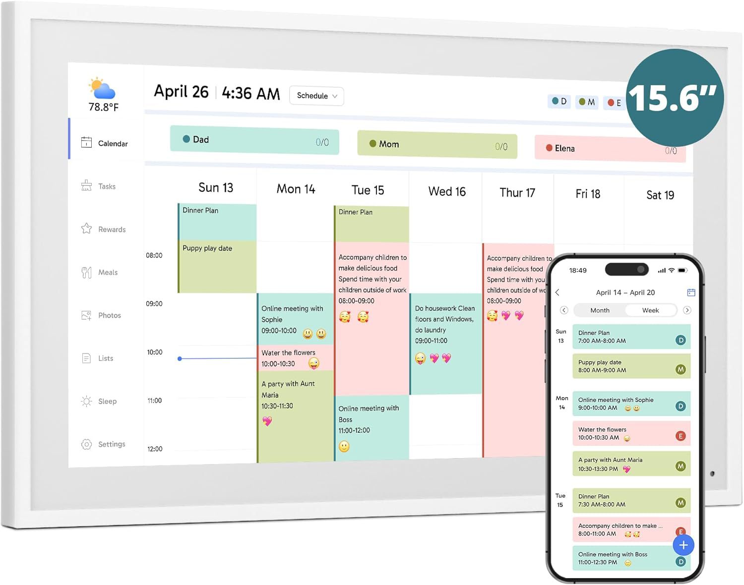 15.6 Inch Smart Digital Calendar Touch Screen - 2-Way Sync Google/iCloud/Outlook, Family Organizer Chore Chart with App for Meal Planning & Photo Share, Wall Mount/Tabletop